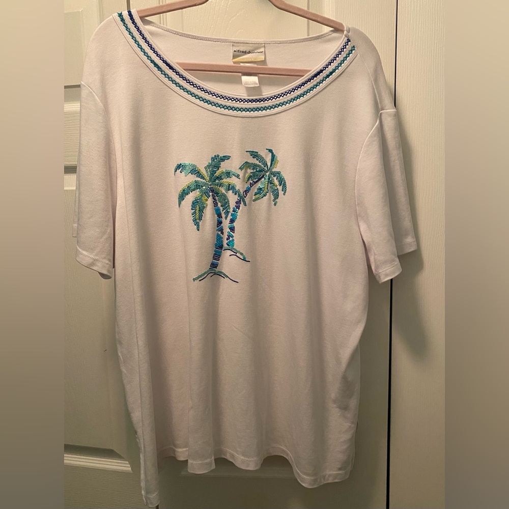 Alfred Dunner White top with Turquoise, Blue, Lime Green Palm Trees – 3X